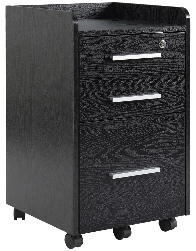 Caisson de bureau noir en bois avec 3 tiroirs et rangement verrouillable