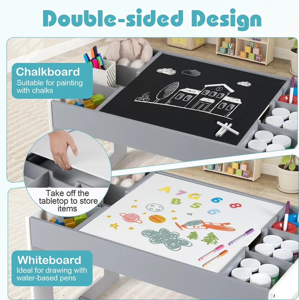 COSTWAY Table 3 en 1 Enfants avec 2 Chaises et Rangement Gris Modèle K12 - 6