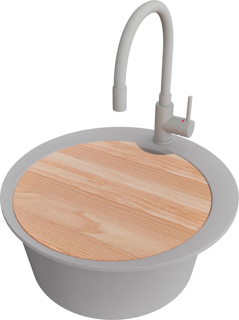 PRIMAGRAN Granitspüle Grau 50x50cm, Spülbecken Rund 1 Becken + Küchenarmatur 38x14cm + Ablauf-Set + Schneidebrett, Küchenspüle ab 45er Untersc...