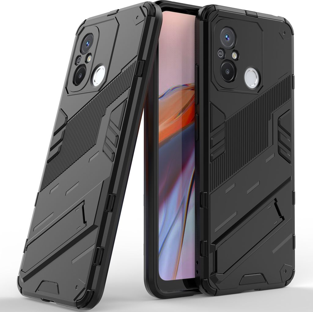 Armor Hülle für Xiaomi Poco C55 /Redmi 12C, Hybrid PC TPU Bumper Stoßfestes Schutzhülle mit Standfunktion Schwarz