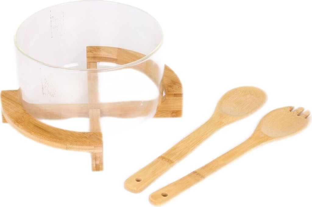 4-tlg. Salatschüssel Set – Glas & Bambus mit Ständer & Küchenhelfern
