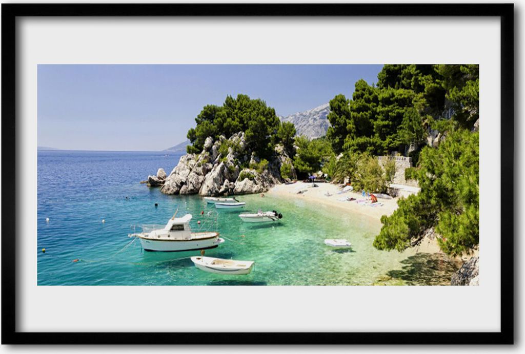 Bild 60x40 MDF-Rahmen Wandkunst Sea Rock Beach Boote