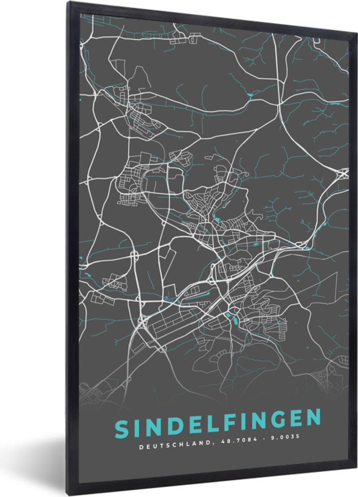 MuchoWow Gerahmtes Poster Deutschland - Blau - Sindelfingen - Stadtplan - Karte 20x30 cm - Poster mit Schwarzem Bilderrahmen Wandposter Rahmen Fo...