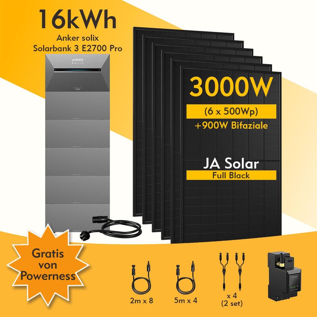 Powerness Balkonkraftwerk mit Speicher, Anker SOLIX Solarbank 3 E2700 Pro mit 5x SOLIX Solarbank 2 BP2700 Erweiterungsakku und JA Solar 3000W Module