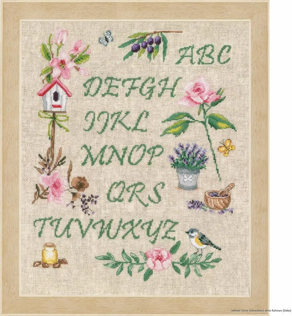 Kit point de croix alphabet du jardin Vervaco avec toile Aida et fils