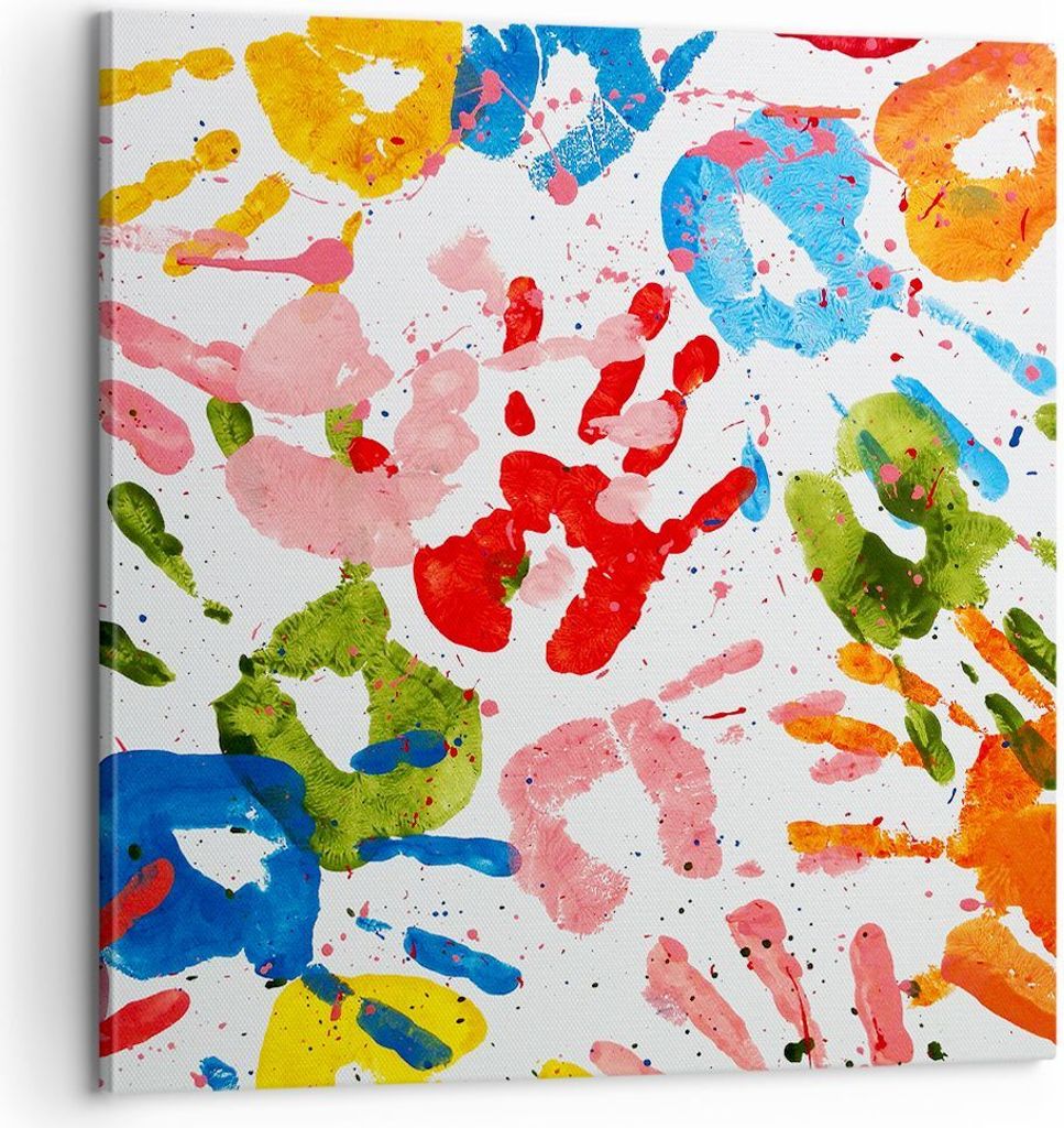 Bild auf Leinwand - Leinwandbild - Drucke Hände Komposition mehrfarbig - 60x60cm - Wand Bild - Wanddeko - Leinwanddruck - Bilder - Kunstdruck - Le...