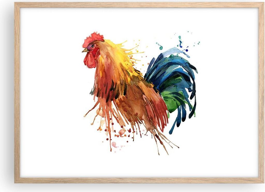 Gerahmtes Poster - Rahmen in heller Eiche - Hahn Ilustration Tier Farben - 70x50 cm - Wand Bild - Wanddeko - Wandbilder - Wandposter - Bilderrahmen...