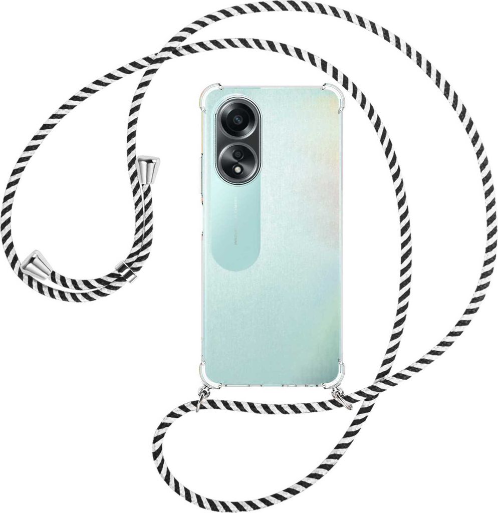 Handykette Backcover-Schutzhülle mit Band (Metall silberfarben) für Oppo A58 4G (CPH2577) - schwarz/weiß gestreift