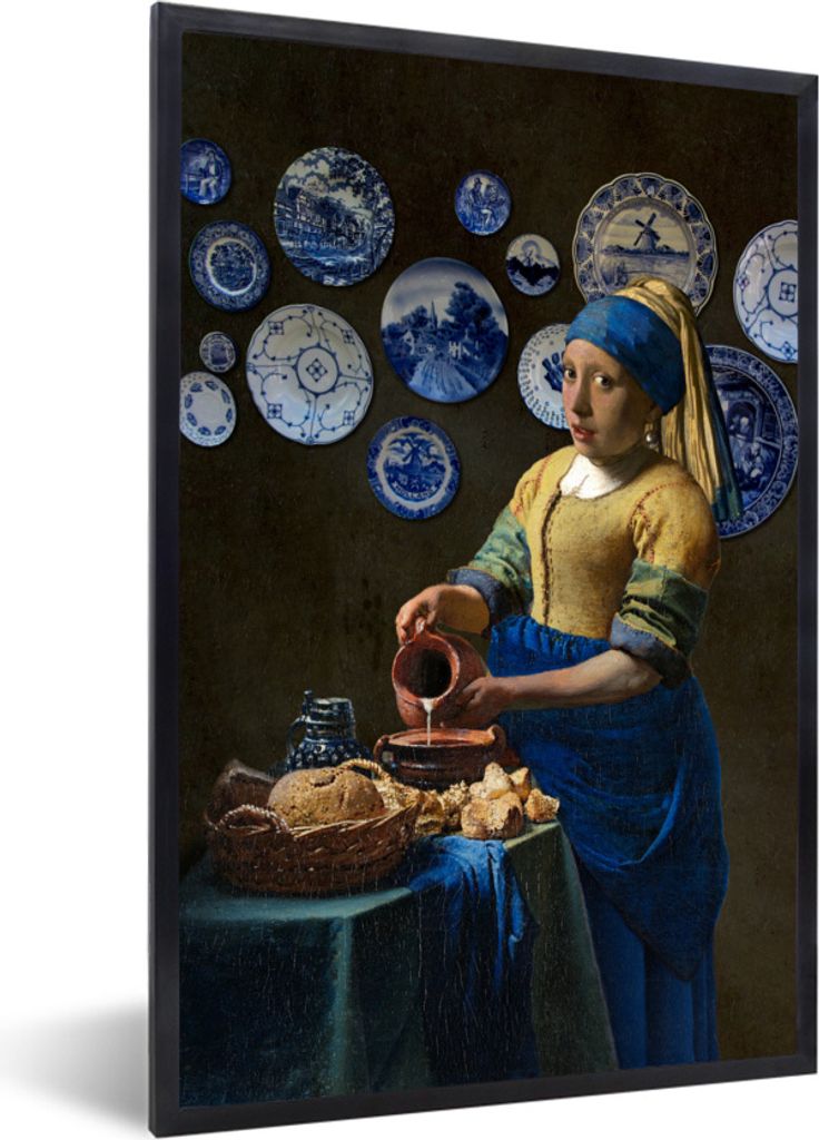 MuchoWow Gerahmtes Poster Milchmädchen - Vermeer - Das Mädchen mit dem Perlenohrring 20x30 cm - Poster mit Schwarzem Bilderrahmen Wandposter Ra...