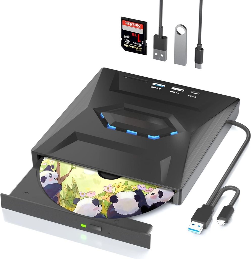 Welikera Externe CD DVD Laufwerk,USB 3.0,Typ-C,SD/TF Kartenleser,USB Anschlüsse DVD-Brenner