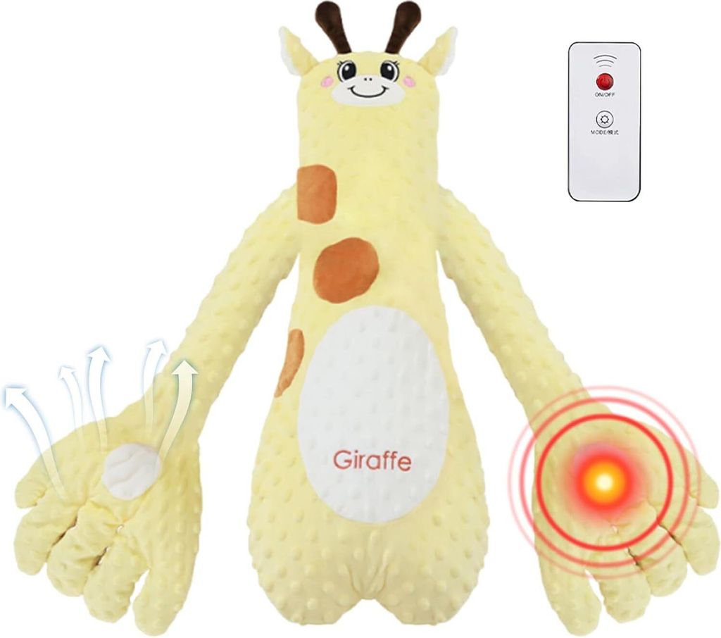 A stuffed giraffe toy with a remote control and visual indicators of its features.