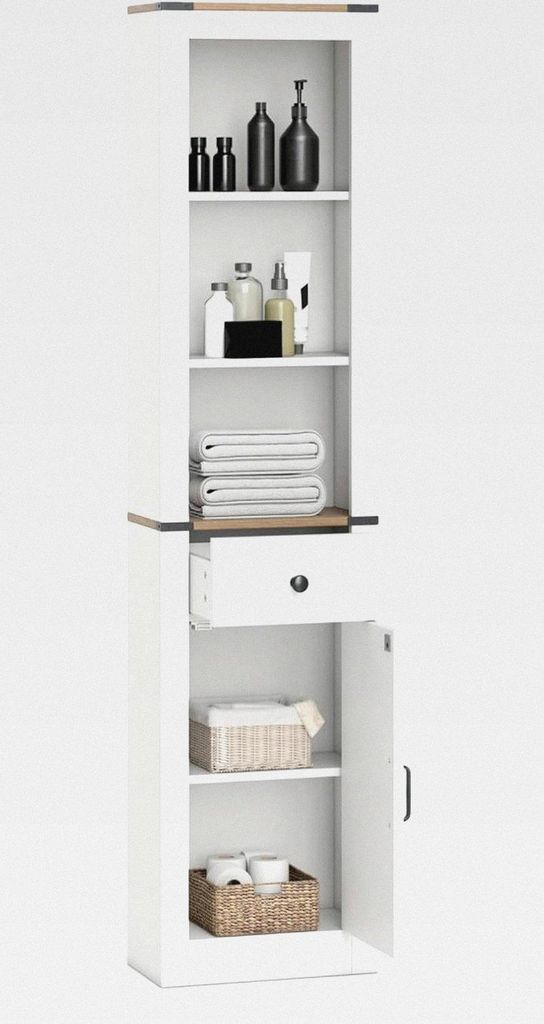 Badezimmerschrank Schmal, Hochschrank Vintage mit Schublade, Tür & 3 offenen Fächern, Badregal Badschrank Stehend für Badezimmer, Wohnzimmer, K...