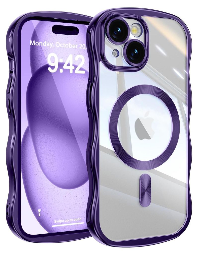 Magnetisch Hülle für iPhone 13/iPhone 14, Wellen Überzug Bumper Transparent Stoßfeste Handyhülle mit Kameraschutz Lila