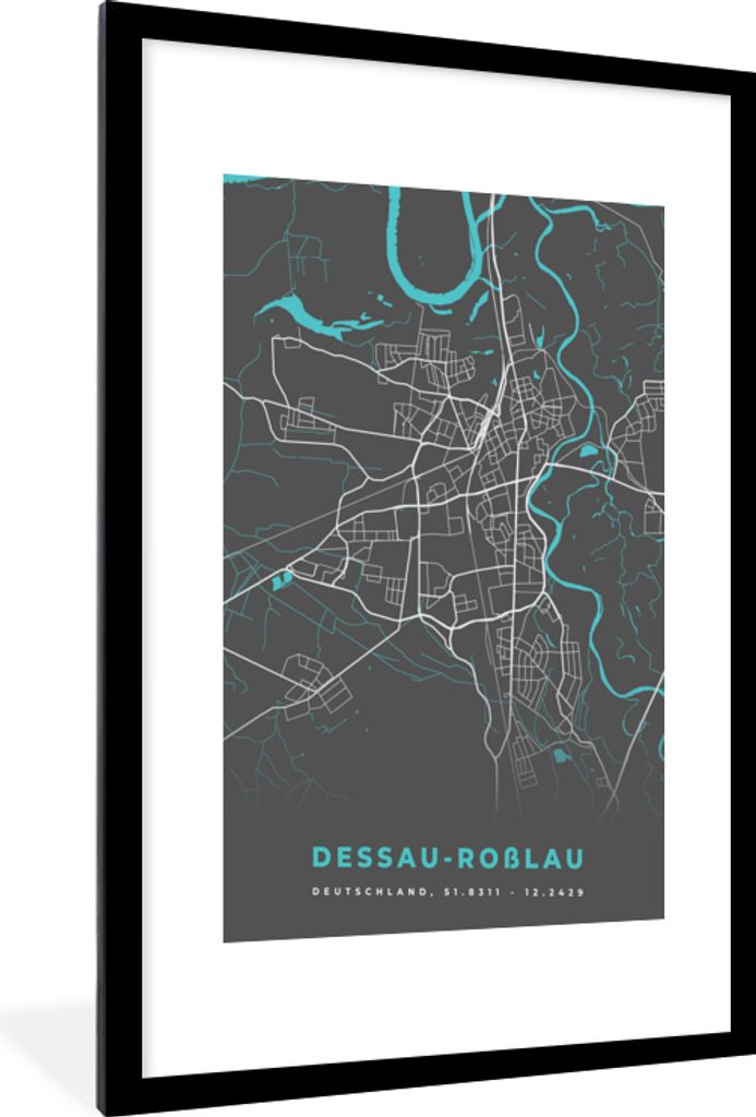 MuchoWow Gerahmtes Poster Blau - Deutschland - Karte - Stadtplan - Dessau Roßlau 60x90 cm - Poster mit Schwarzem Bilderrahmen Wandposter Rahmen ...
