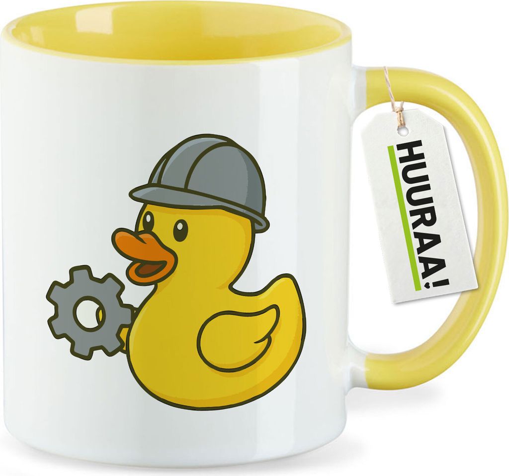 Huuraa Kaffeetasse Quietscheente Maschinenbau Comic Gummiente 330ml Gelb Keramik Kaffeebecher Geschenkidee