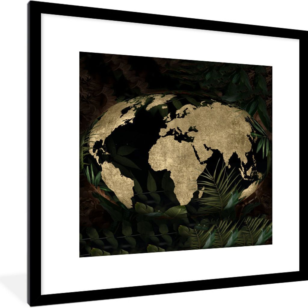 MuchoWow MuchoWow Gerahmtes Poster Weltkarte - Vintage - Globus 40x40 cm - Poster mit zchwarzem Bilderrahmen - Poster - Plakat im Rahmen