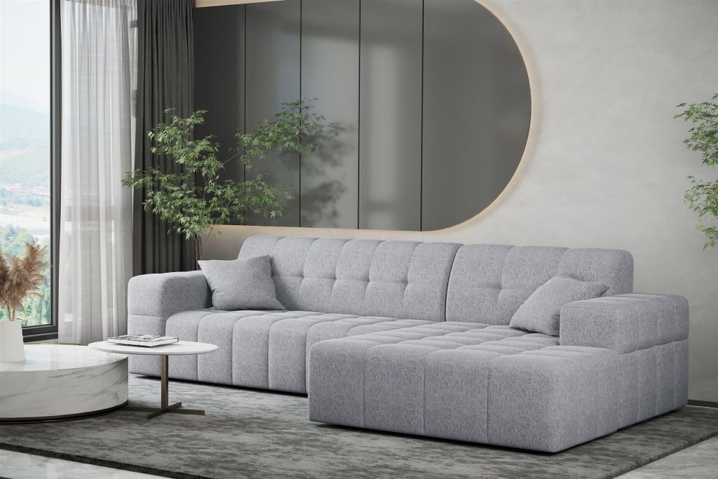 Ecksofa Designersofa NANCY in Stoff Neve Hellgrau Ottomane Rechts