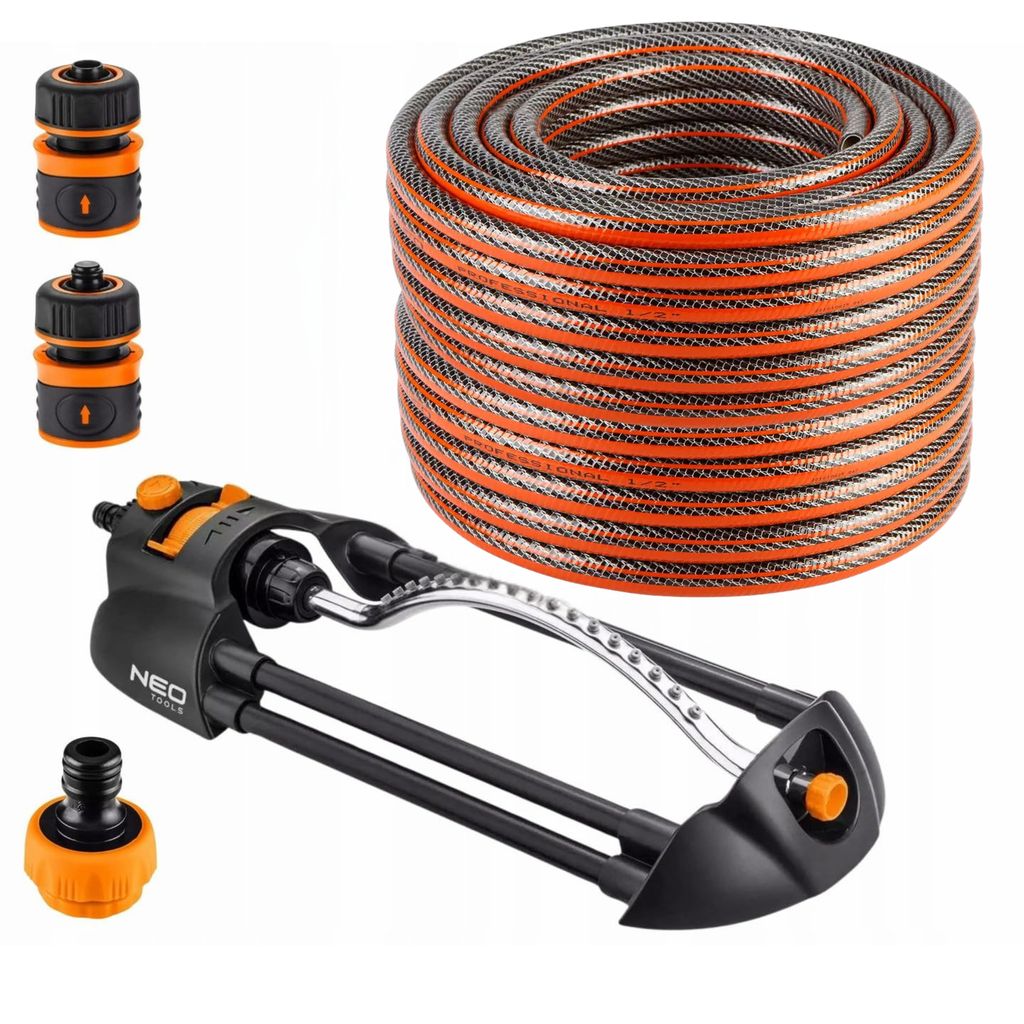 NEO TOOLS 5 tlg. Set: Gartenschlauch Pro (1/2 Zoll, 50 m, 6-lagig, 30 bar) + Oszillierender Sprinkler 14 x 19 m + 3 Stück Anschluss Kit