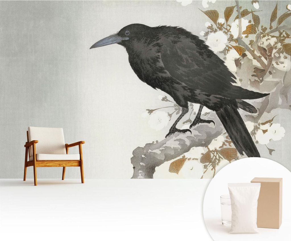 Fototapete - 416x254 cm - Tapete - Wandtapete - Wandbilder - Dekofolie - Tapete Folie - Wand - Dekoration - Wohnzimmer - Rabe in den Blumen