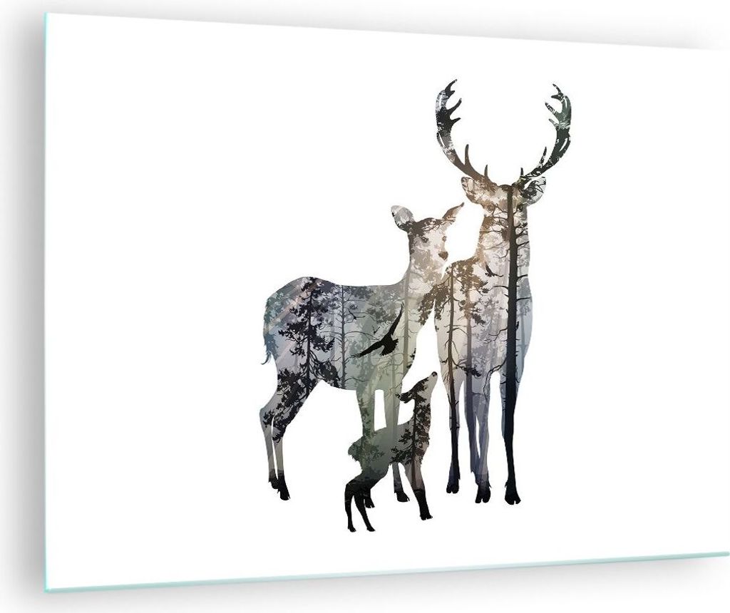 Bilder auf glas - Deer Familie Wildheit Illustration - 70x50cm - Glasbilder - Wandbilder - Kunstdruck - zum Aufhängen bereit - Wanddekoration aus ...