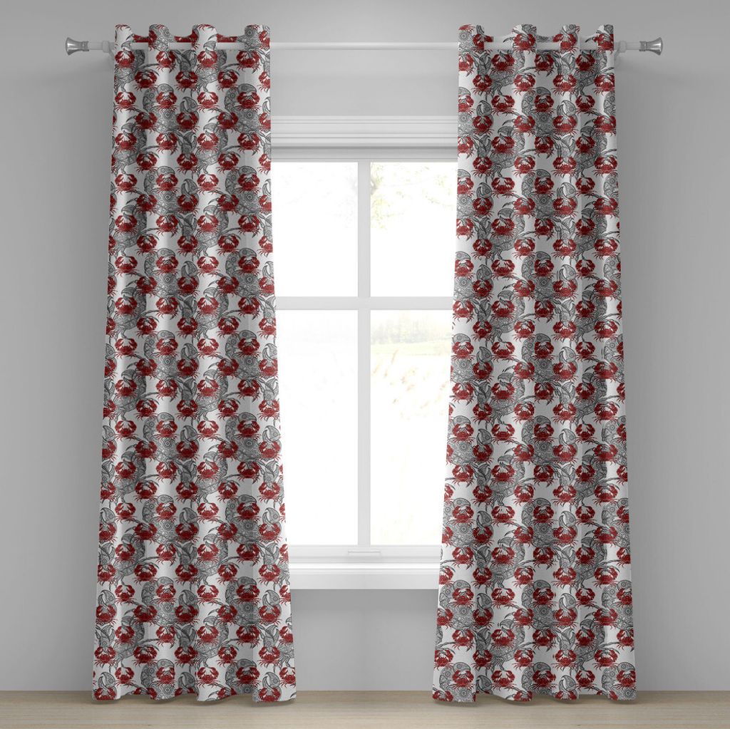 ABAKUHAUS Krabben Ösenvorhang, Seetier-Thema-Illustration von Krabben auf weißem Hintergrund-Muster-Kunstdruck, Dekorative 2-Panel-Fenstervorhän...