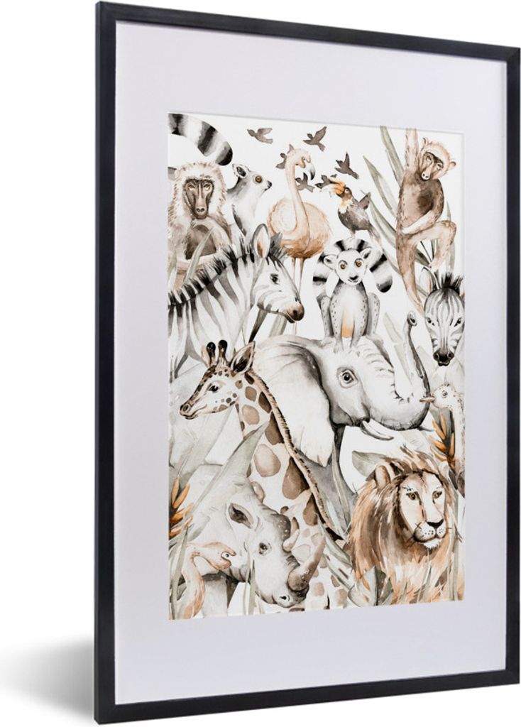 MuchoWow MuchoWow Gerahmtes Poster Aquarelle - Tiere - Dschungel - Pastell - Jungen - Mädchen - Kinder 40x60 cm - Poster mit zchwarzem Bilderr...