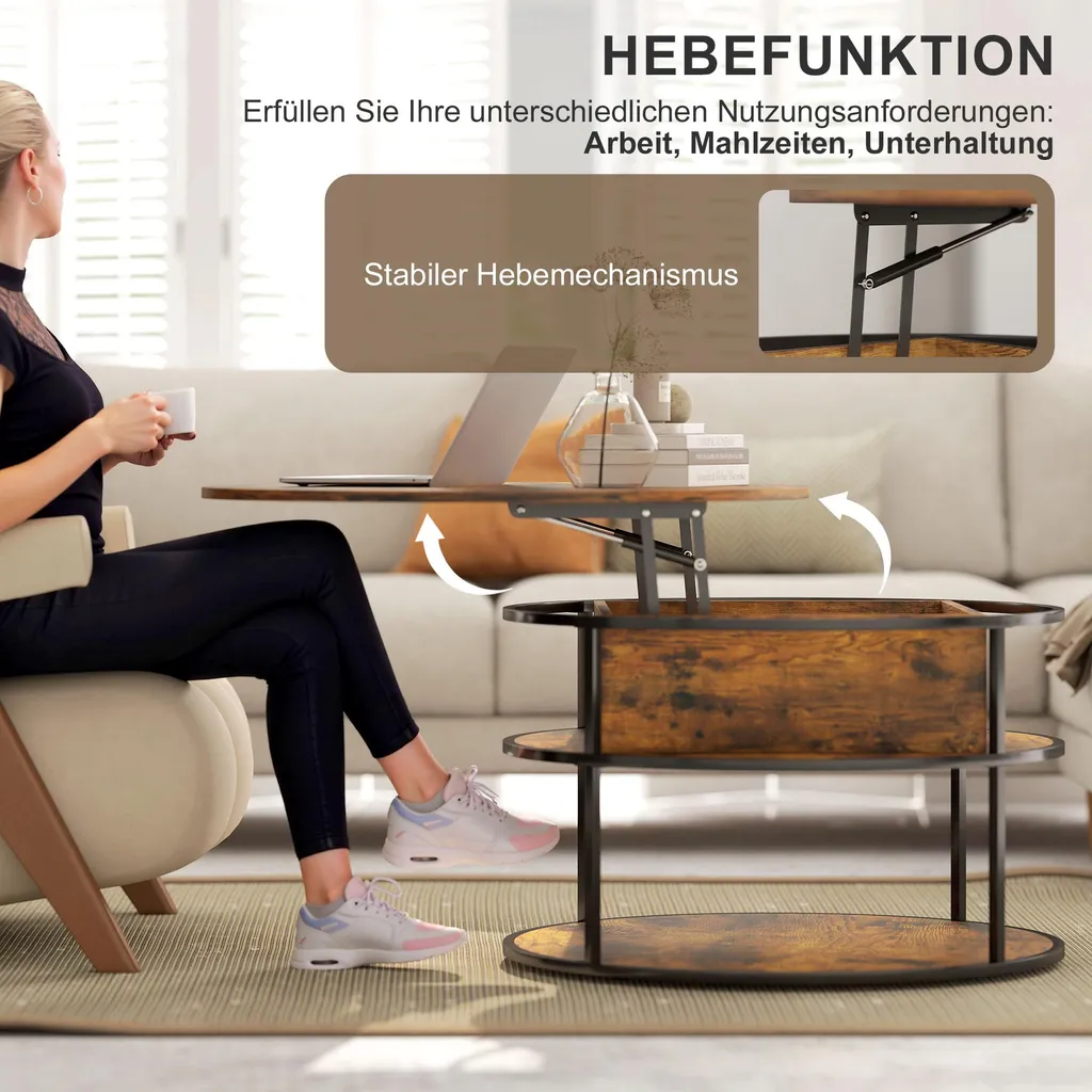 Table basse HOMCOM marron réglable en hauteur avec tablette relevable - 4