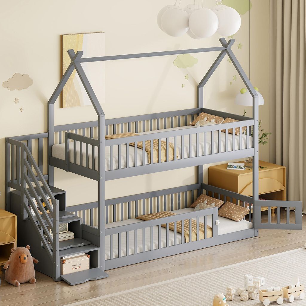 Flieks Etagenbett 90x200cm mit Treppe, Kinderbett Hausbett mit Tür und Rausfallschutz, Kinder Hochbett mit Lattenrost und Schubladen, Grau