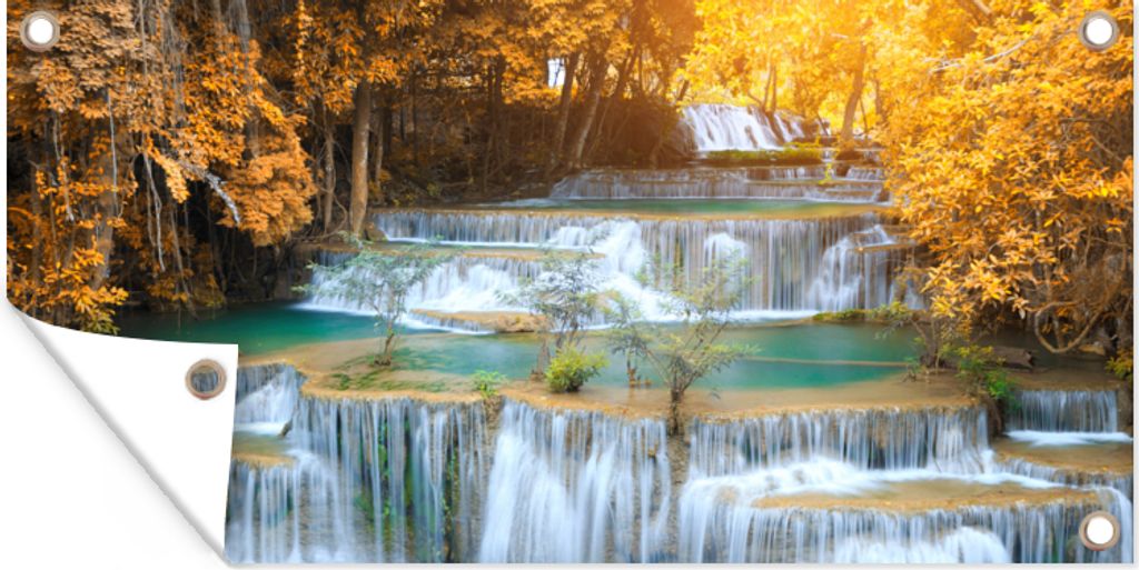 MuchoWow 60x30 cm Outdoor-Poster Gartendeko Sichtschutz Garten Poster für den Garten Wasserfall - Herbst - Bäume - Braun - Wasser