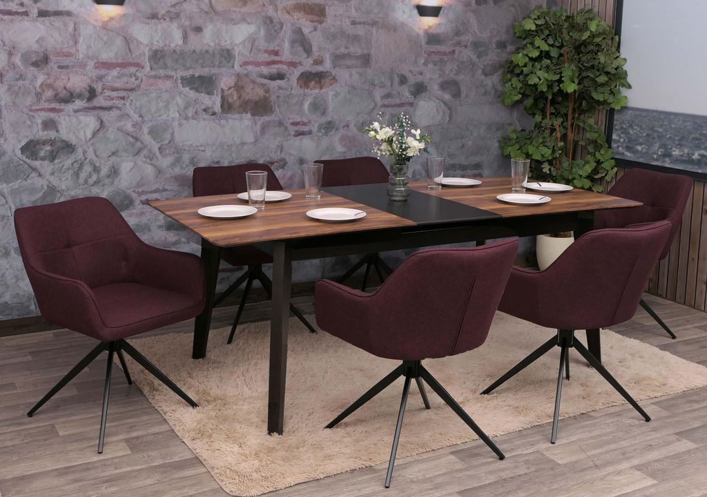 6er-Set Esszimmerstuhl HWC-O47, Küchenstuhl Armlehne, drehbar Auto-Return, Stoff/Textil (270g/m²) bordeaux