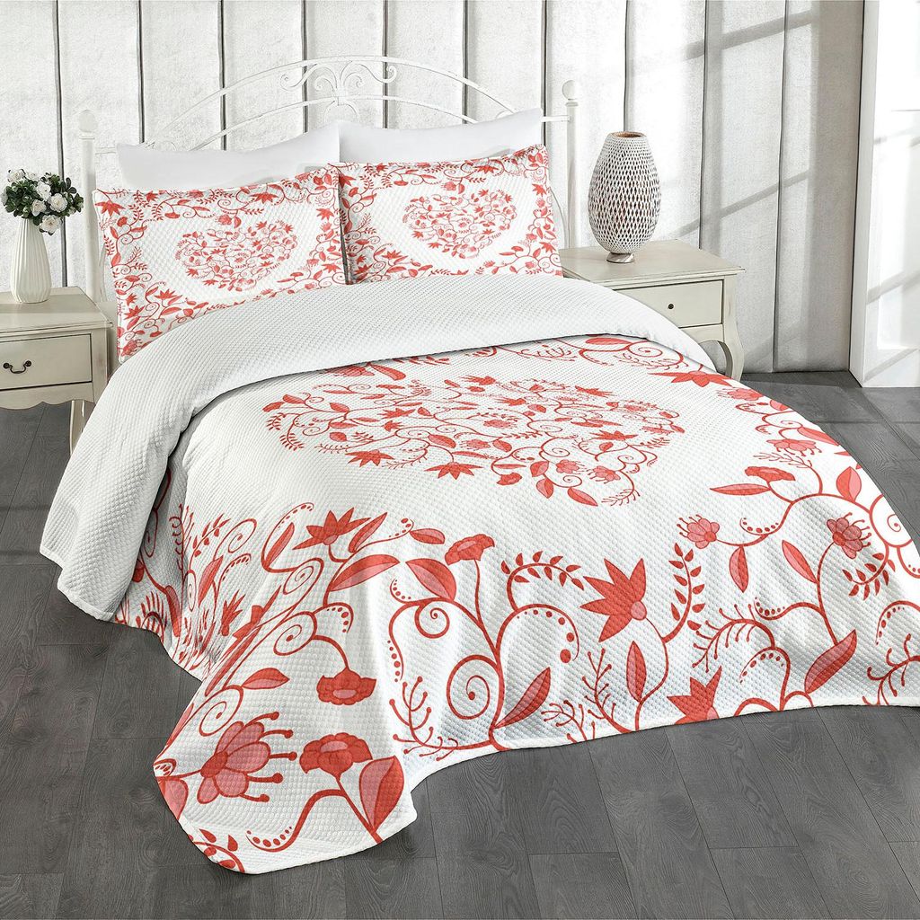 ABAKUHAUS Valentinstag Tagesdecke Set, Paisley-Blumendetails mit Blättern und Rosen in einer Form des Herz-Rahmen-Bildes, 220 x 220 cm, Rot