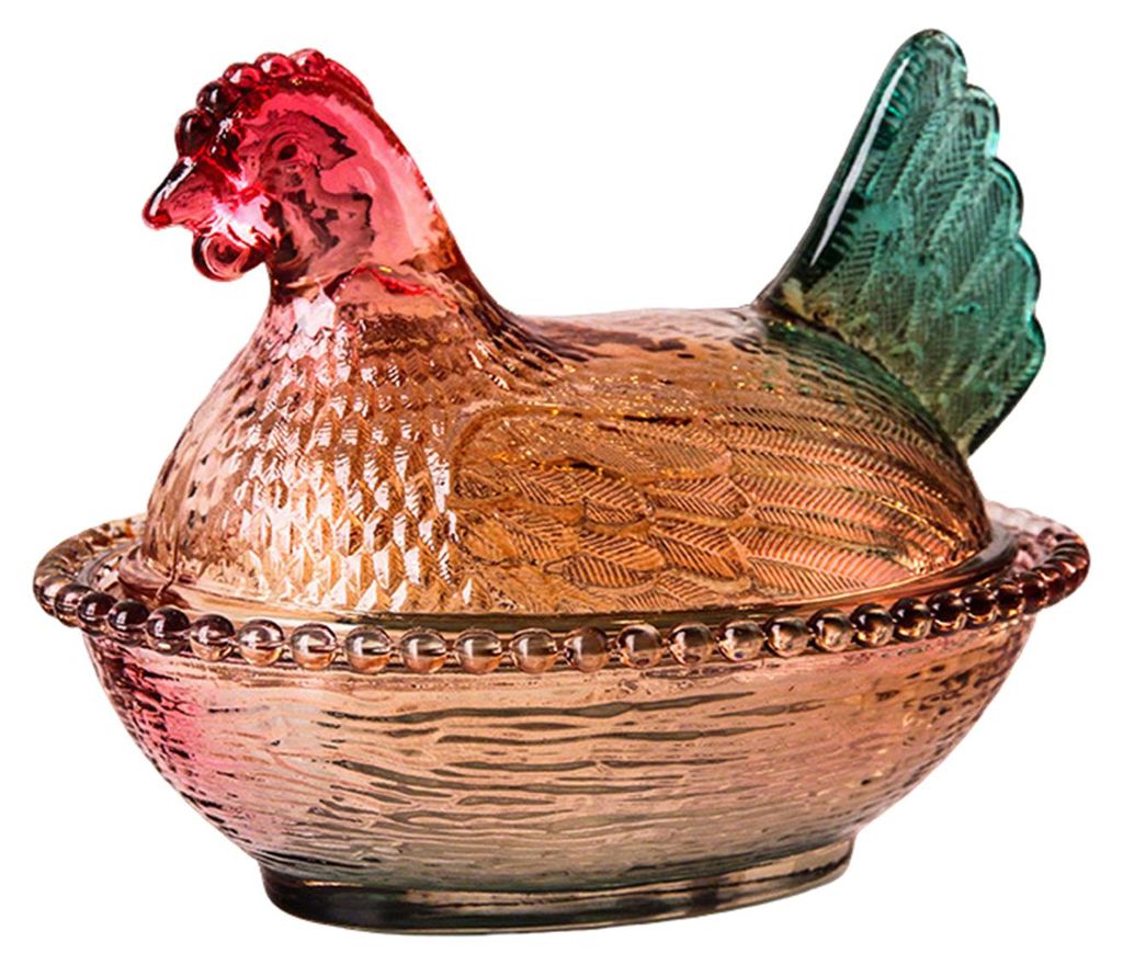 Bonboniere aus Glas mit Henne im Nest, große Schale auf Fuß für Süßigkeiten, Kekse, Nüsse und Desserts, rustikales Vintage-Bonbonglas für Zu...