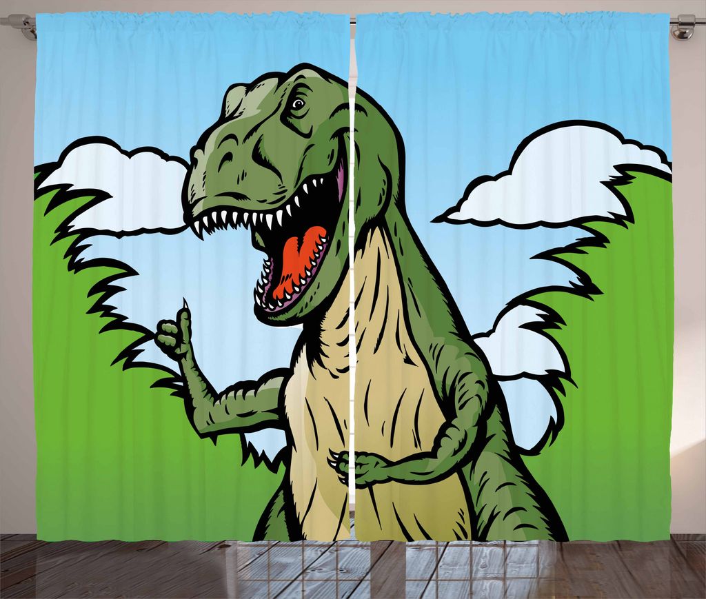 ABAKUHAUS Dinosaurier Rustikaler Vorhang, Cartoon T-Rex Lustige, Wohnzimmer Universalband Gardinen mit Schlaufen und Haken, 280 x 175 cm, Dunkelgr...