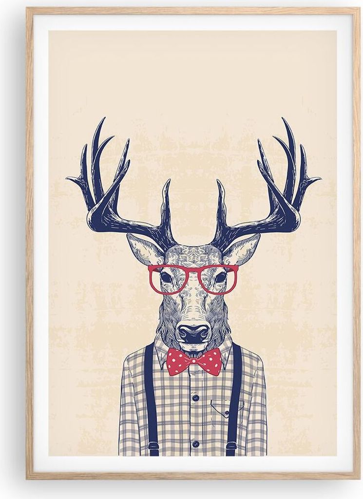 Gerahmtes Poster - Rahmen in heller Eiche - Charakter Hirsch Illustration hipster - 70x100 cm - Wand Bild - Wanddeko - Wandbilder - Wandposter - Bi...