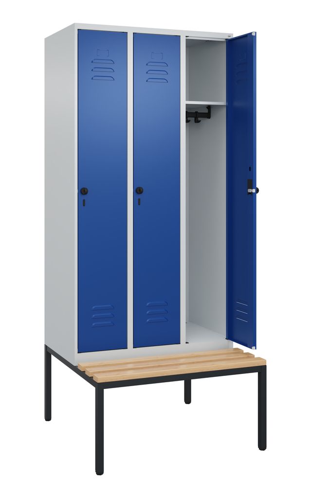 Garderobenschrank, untergeb. Sitzbank, BxTxH 900x500x2120 mm, 3 Abteile, Abt.B 300 mm, Holzleisten, Drehriegel, RAL 7035/5010