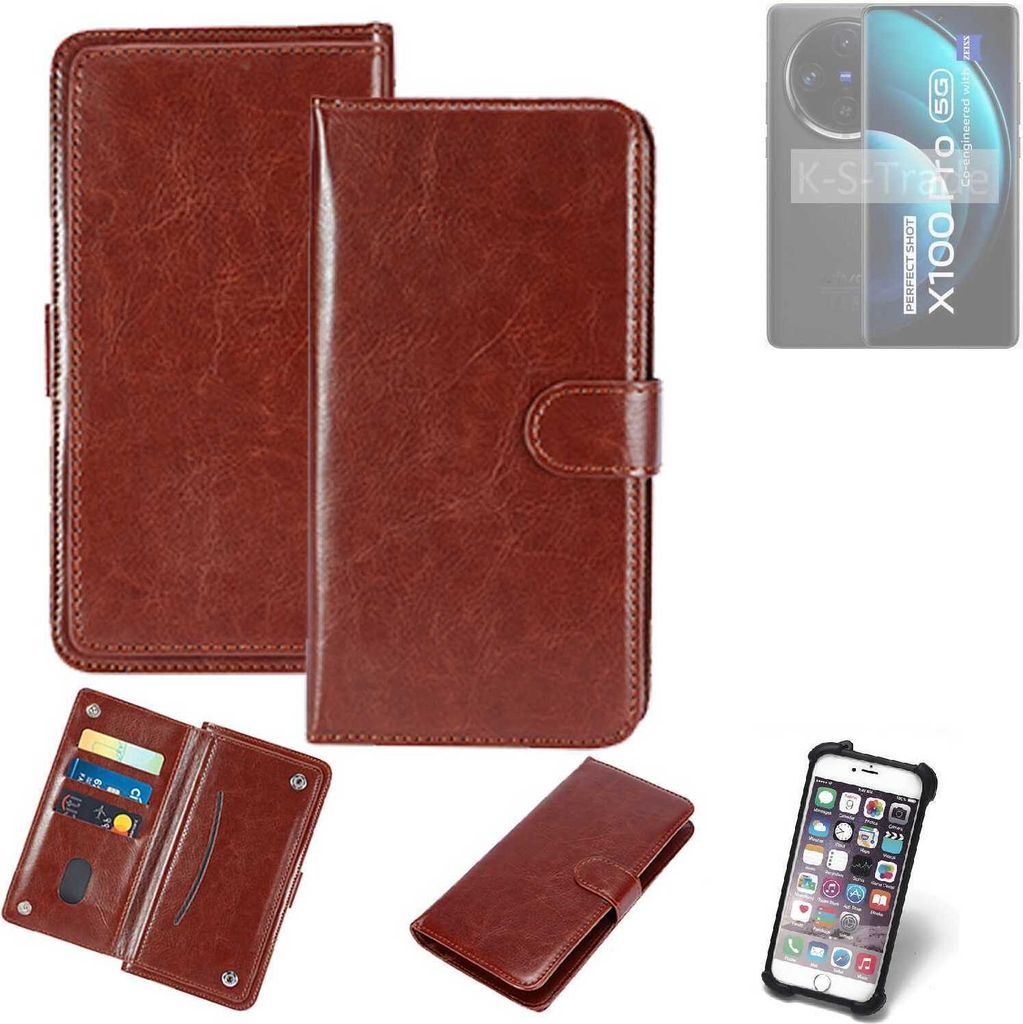 K-S-Trade 360° Hülle kompatibel mit Vivo X100 Pro braun Kunstleder Case BookCase WalletCase Kunstlederederhülle Handyhülle, Rundumschutz Bumper