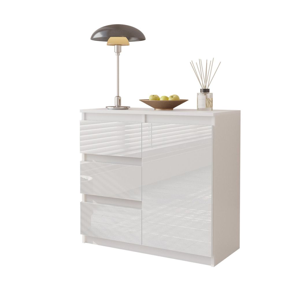 MIKEL - Kommode / Sideboard mit 3 Schubladen und 1 Tür - Weiß Matt / Weiß Gloss H75cm B80cm T35cm