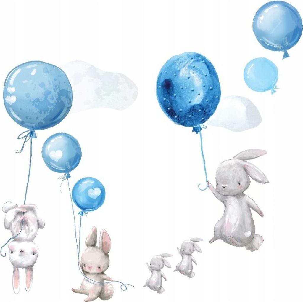Wandtattoo Häschen, blaue Luftballons, mit umweltfreundlichen, geruchsneutralen Druckfarben - Wandsticker, Wandaufkleber Kinder 100 x 170 cm