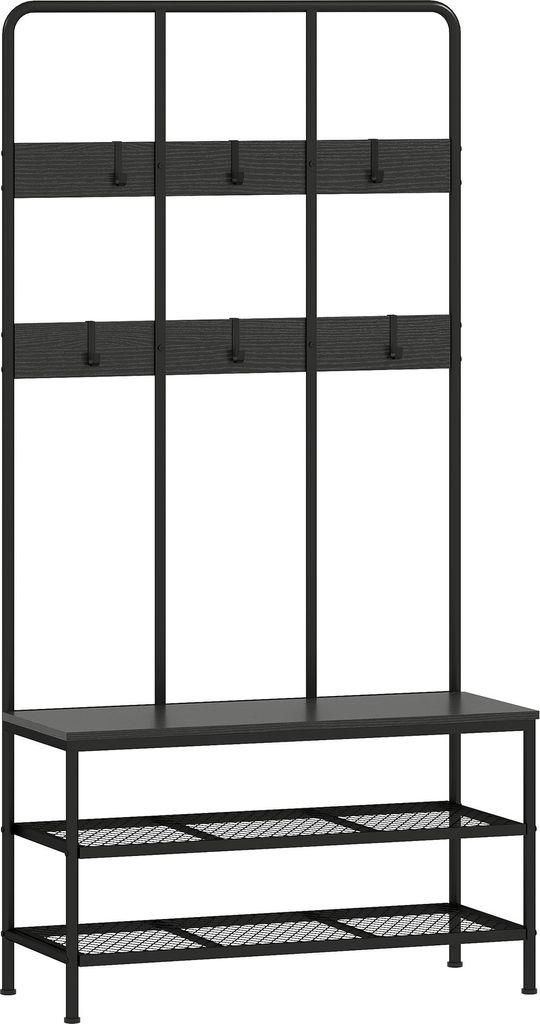 3-in-1 Garderobenständer, Kleiderhaken, Sitzbank, Schuhregal, Metall, Spanplatte, Schwarz