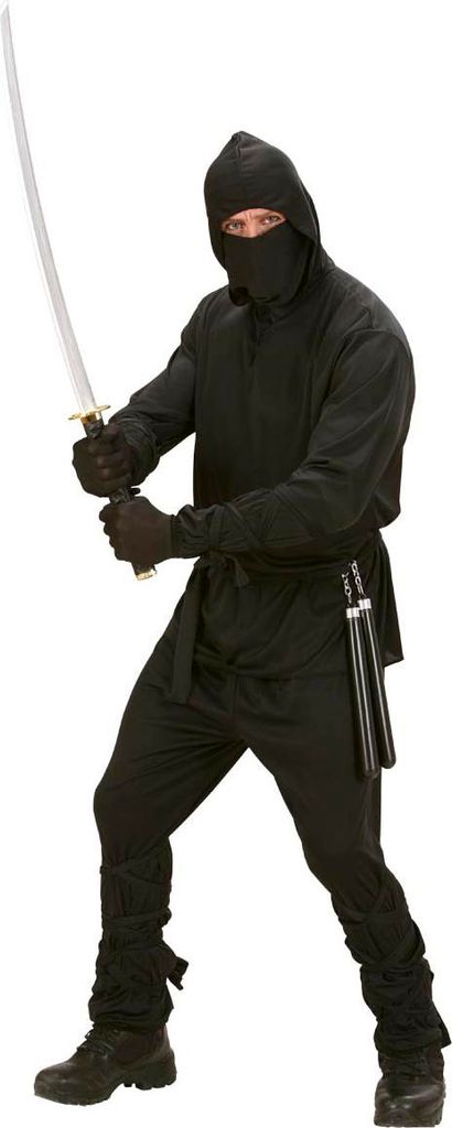 A person dressed in a ninja costume holding a sword.