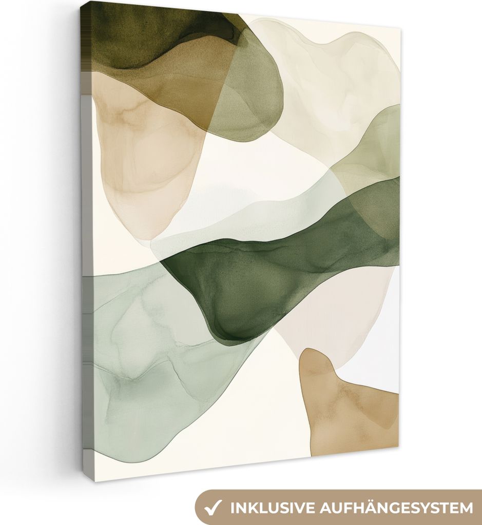 Leinwand Bilder 60x80 cm - Japandi - Abstrakt - Beige - Grün, Bild Modern, Wanddeko, Gemälde