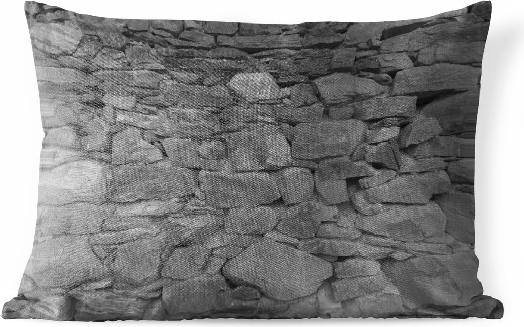 MuchoWow Outdoor Kissen - Wand - Stein - Muster - Schwarz - Weiß - 60x40 cm - Wetterfest - Lounge Kissen - Zierkissen - Kissen für Innenräume