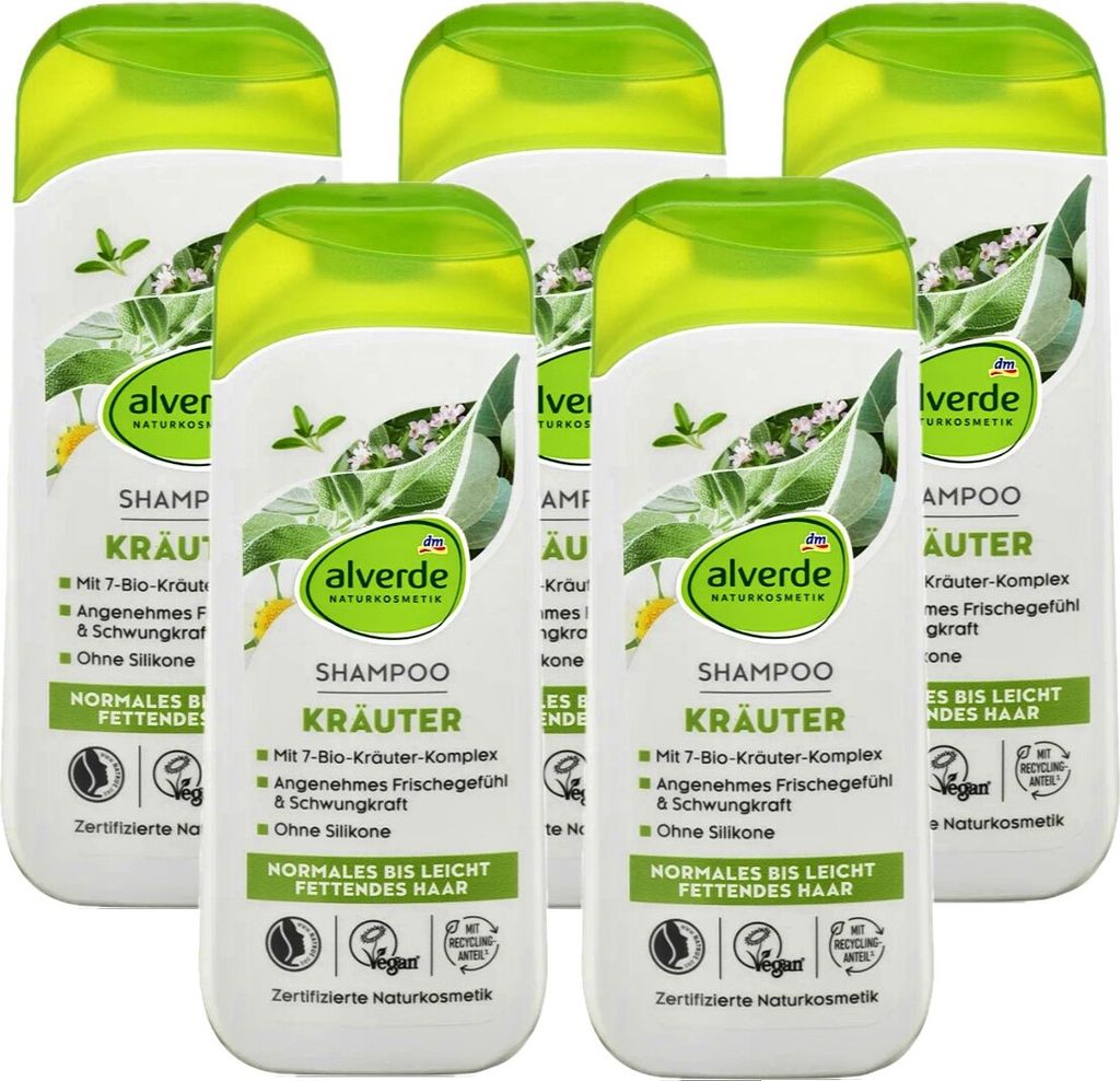 5 x alverde Naturkosmetik - Shampoo Kräuter 7 Bio-Kräuter (5 x 200 ml)