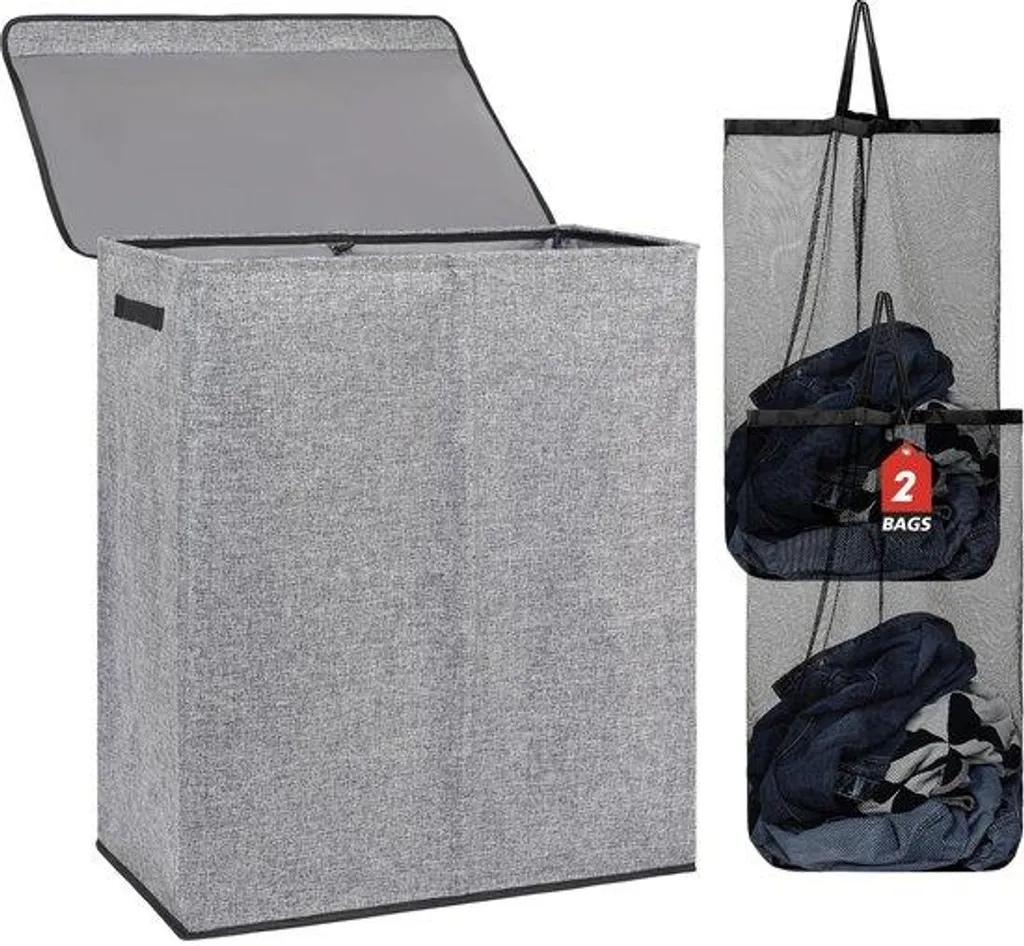 Coffre à Linge Sale Gris 150L - Sacs Amovibles et Couvercle - Idéal Famille