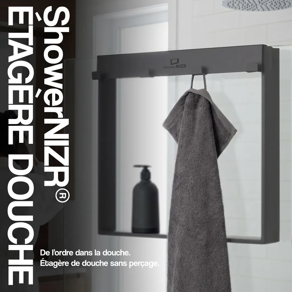 Étagère de Douche Murale Granite Grise Anti-Corrosion avec 4 Crochets