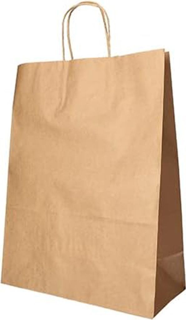 A brown paper shopping bag with twisted handles is shown against a white background.