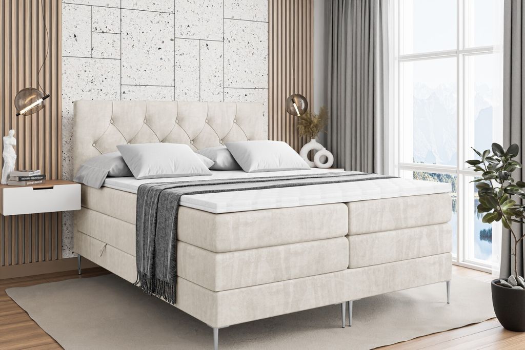 ALTDECOR Boxspringbett mit Silber Füßen, Matratze und Lattenrost, Topper, Polsterbett mit Bettkasten, Bett mit Stauraum H3- und H4- Matratze, Dop...
