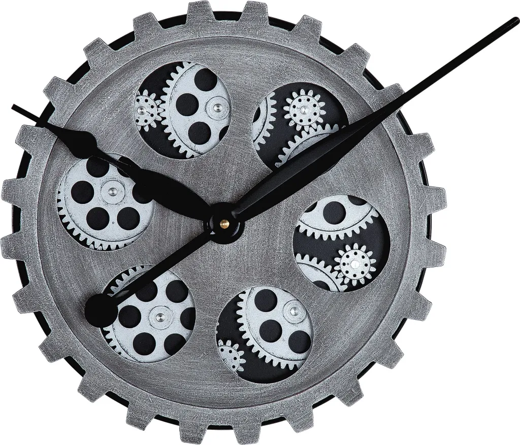 Horloge ronde motif engrenage en métal argent, pendule décorative