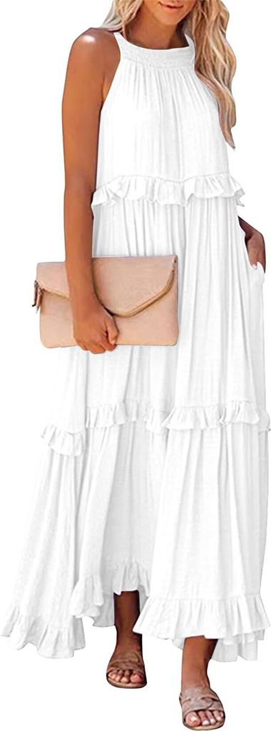 ASKSA Damen Langes Kleid Sommer Big Swing Strandkleid y Kleid Women Cover up Bikini Maxi Beachwear Kleider, Weiss, Groesse: M