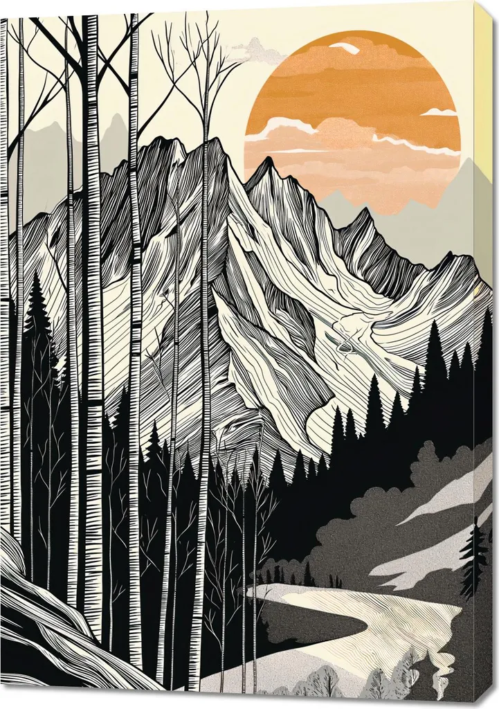 Déco salon montagne gravure sur bois 70x100 cm pour grand salon